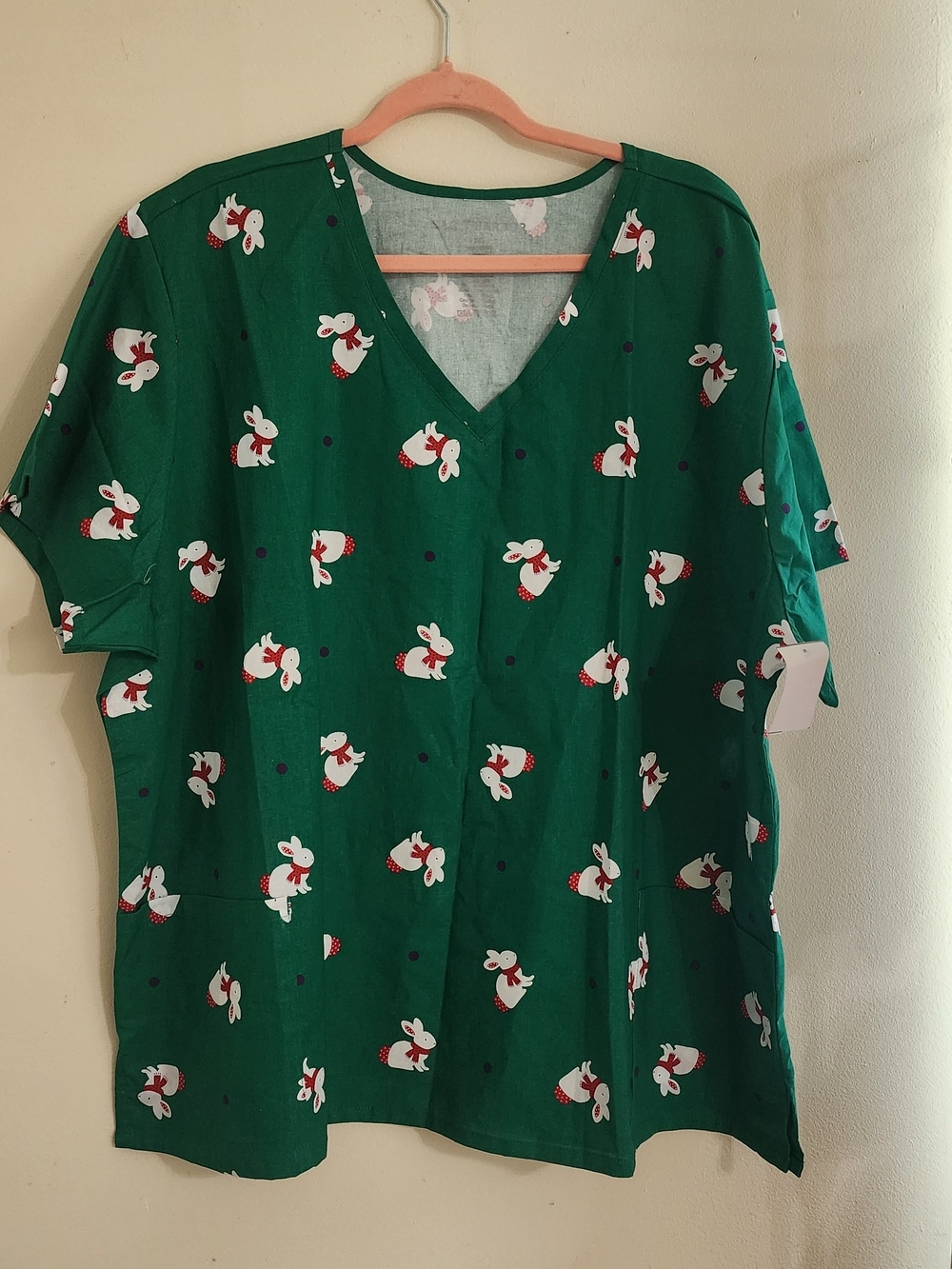 Sag Harbor Green V-Neck Top with Pink Bunny Motif